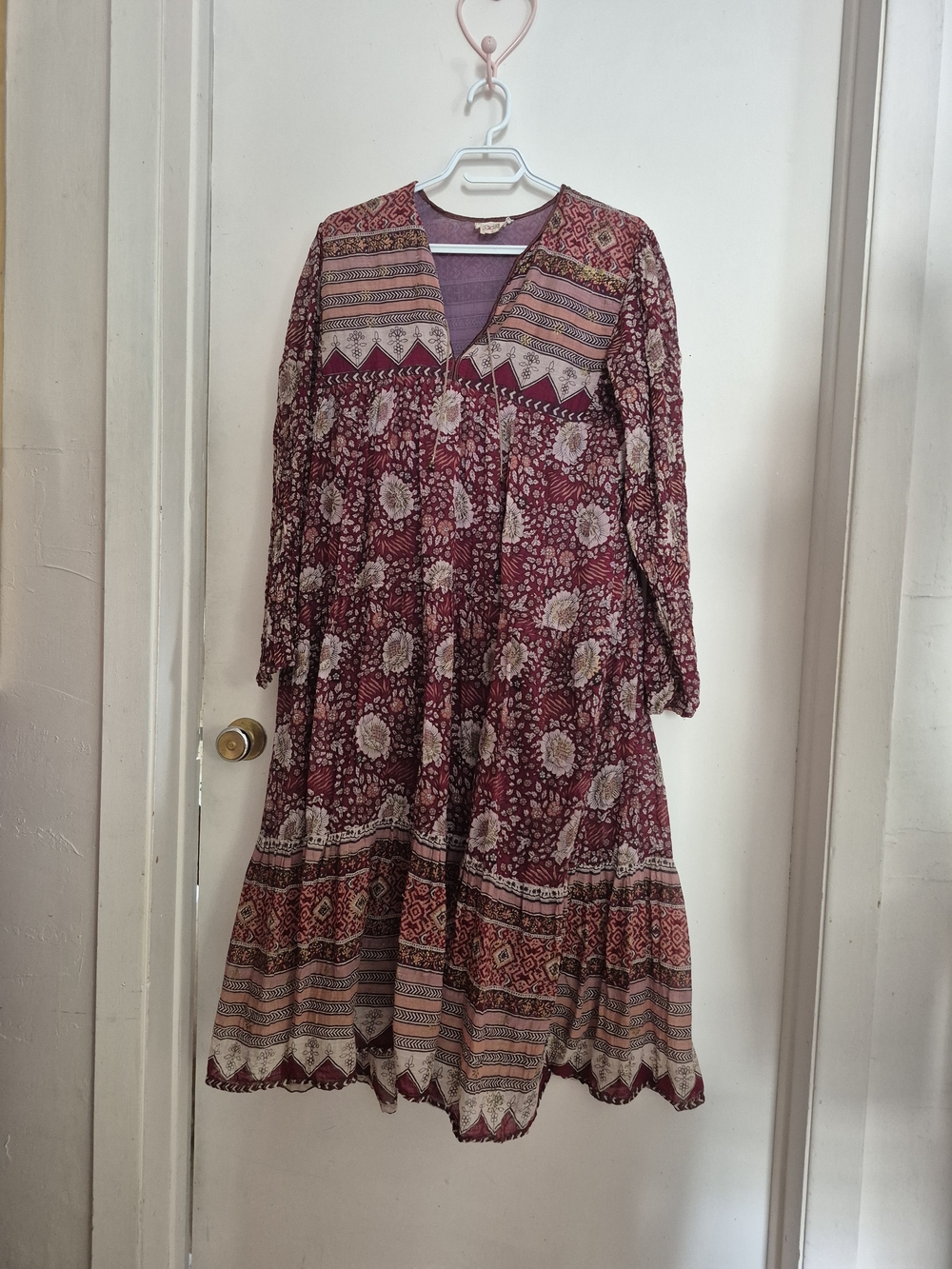70s Vintage Hippy Bohemian Printed Burgundy Long-Sleeve Maxi Dress